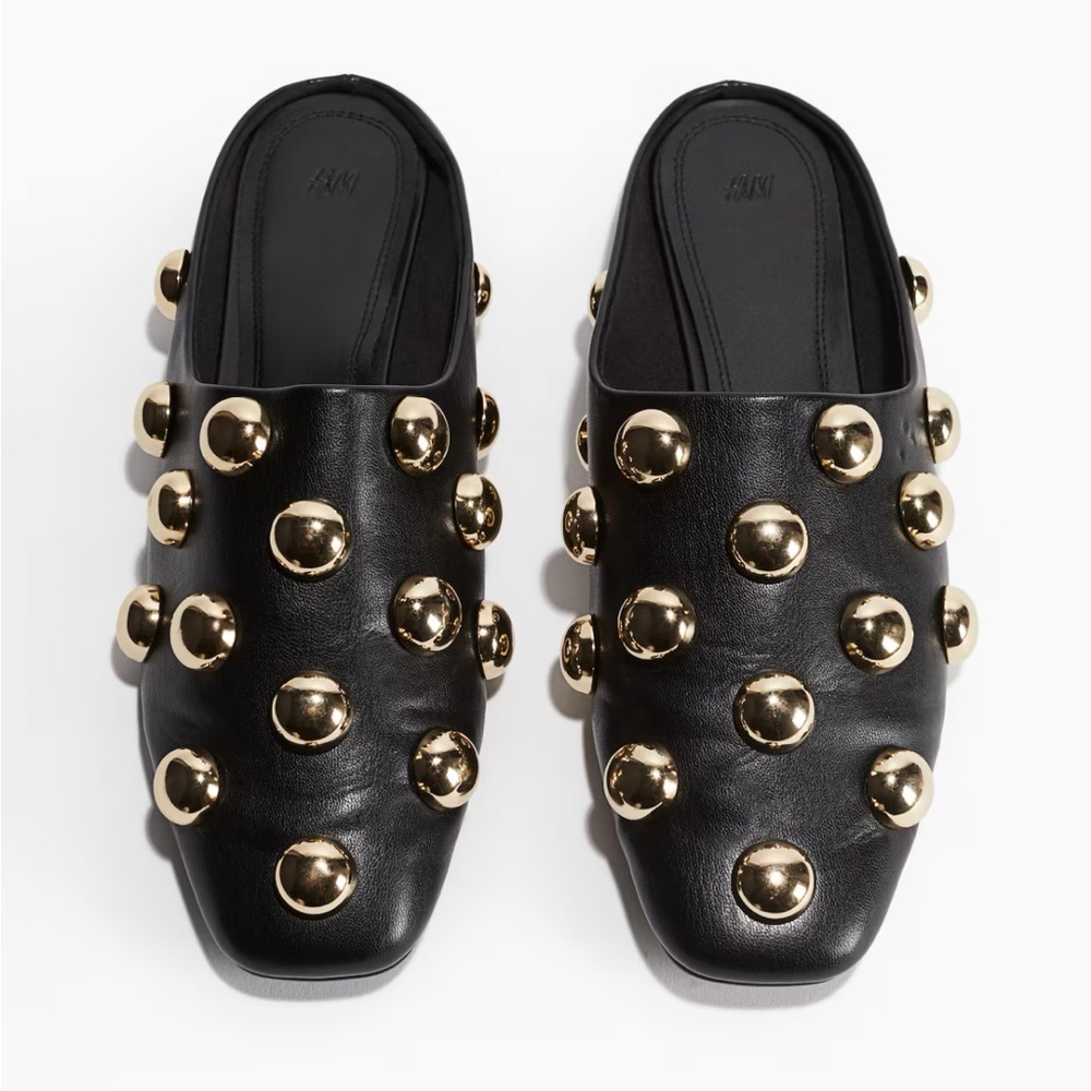 H&M Embellished Mules, Black with Gold Studs, Size 8